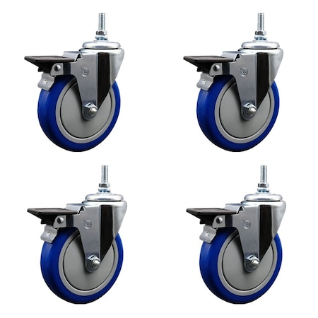 Service Caster 5 Inch Blue Polyurethane 38 Inch Threaded Stem Caster Set with Brake SCC-TS20S514-PPUB-BLUE-PLB-381615-4